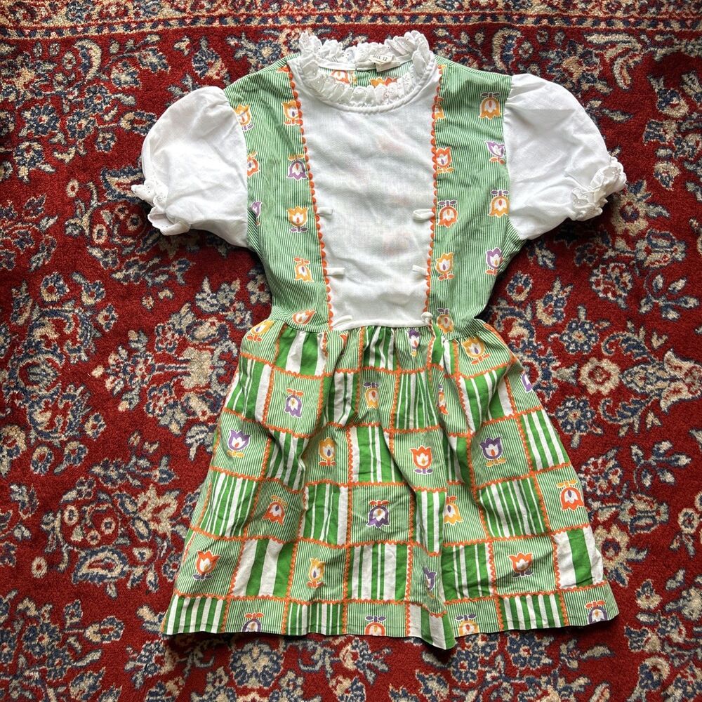 Vintage Holiday Dirndle Dress white green tulip Festival Holland Sz 12